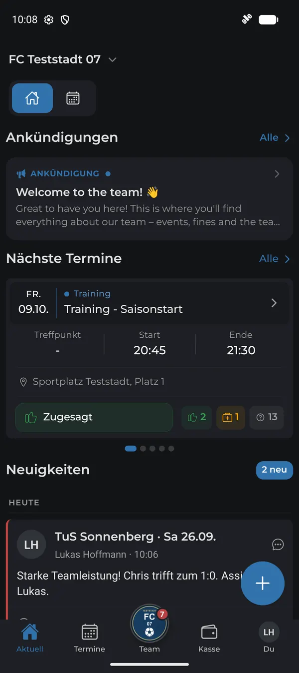 Startseite von TeamCaptain mit Ankündigungen und nächsten Terminen