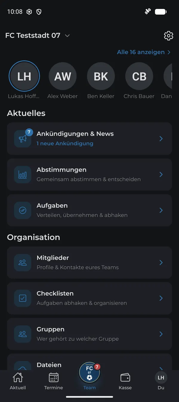 Team-Übersicht mit Mitgliedern, Aktuellem und Organisation