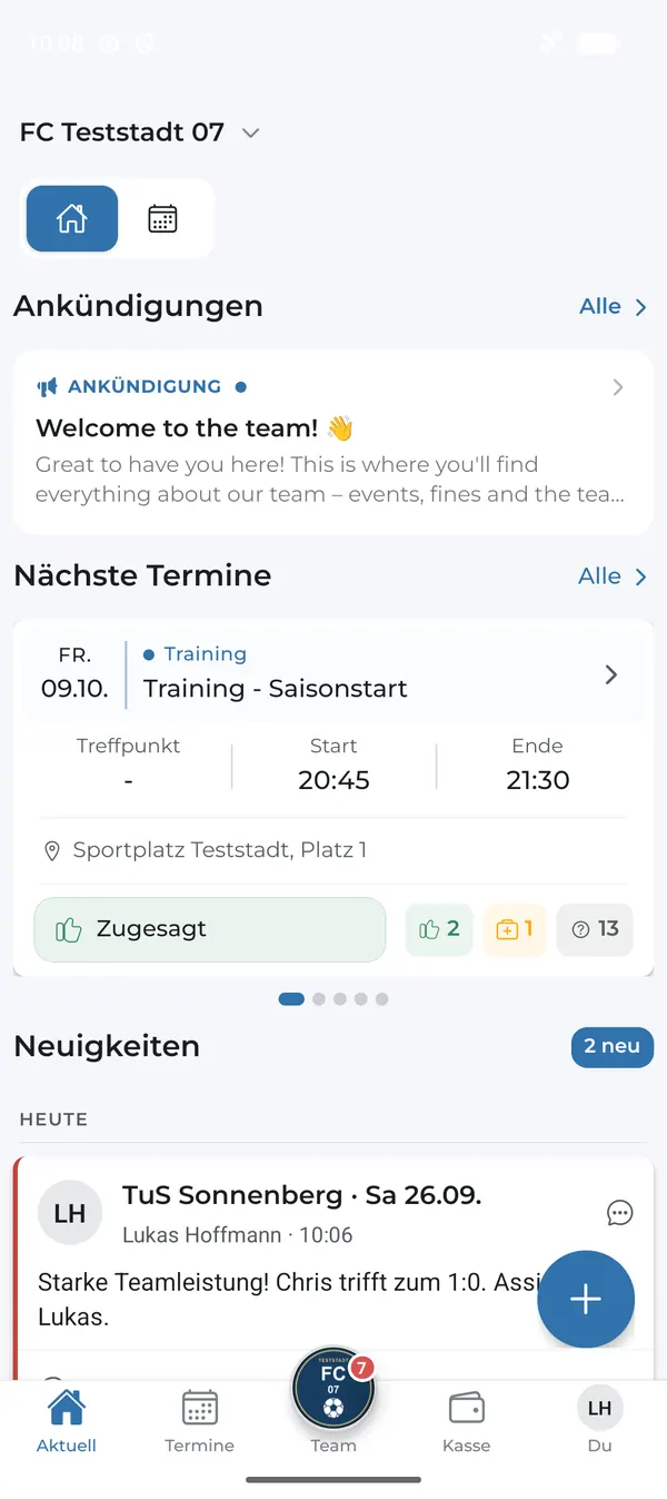 Startseite von TeamCaptain mit Ankündigungen und nächsten Terminen