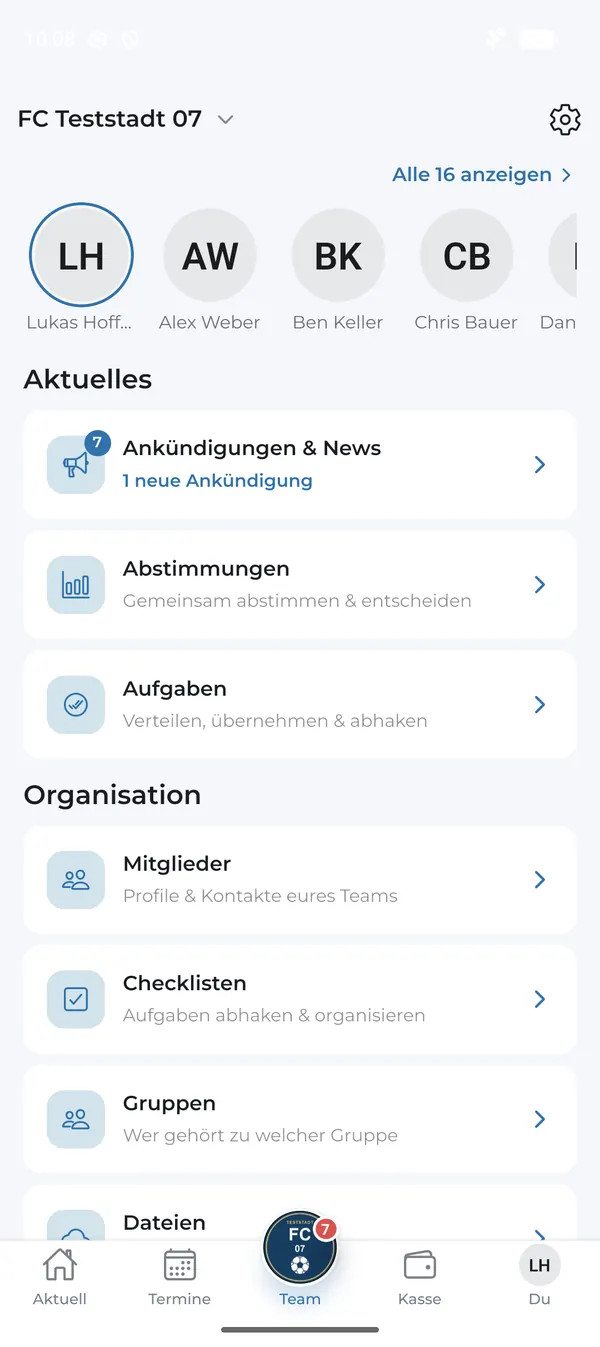 Team-Übersicht mit Mitgliedern, Aktuellem und Organisation