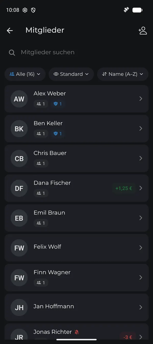 Mitgliederliste mit 16 angelegten Spielern