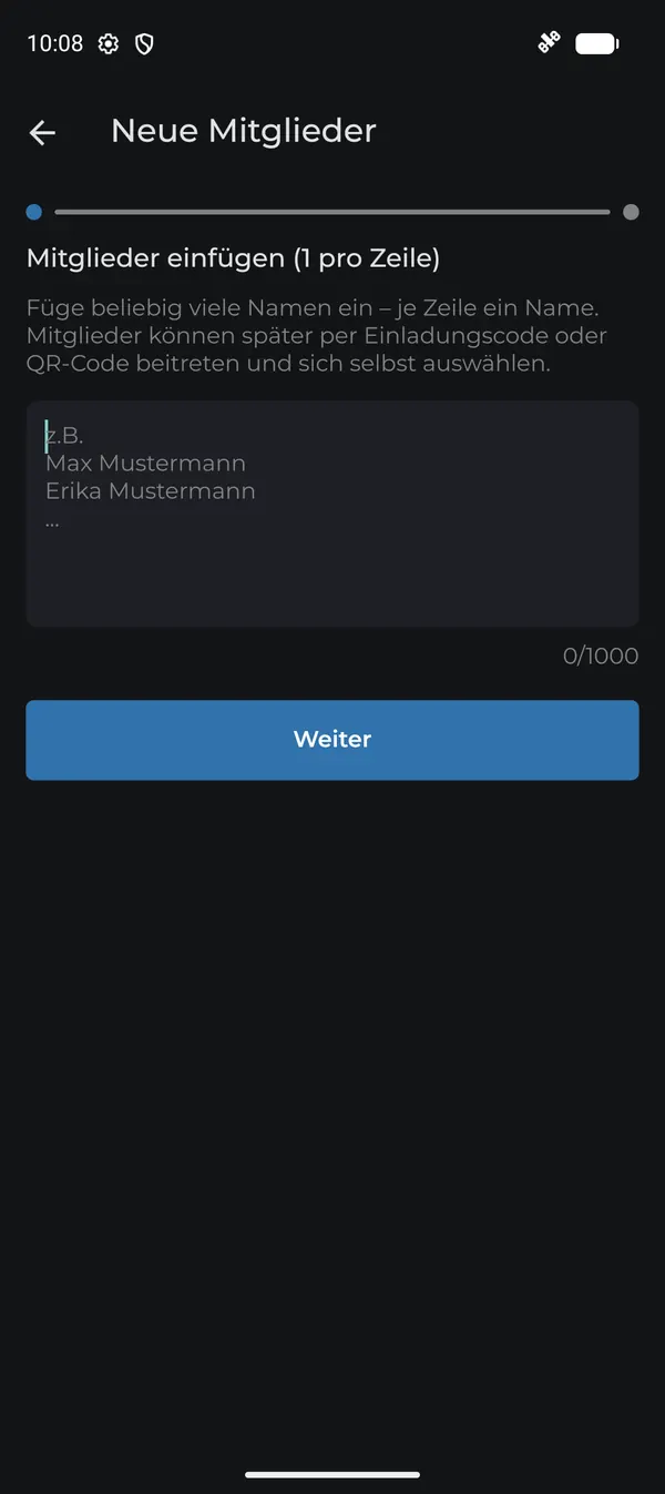 Neue Mitglieder mit einem Namen pro Zeile einfügen