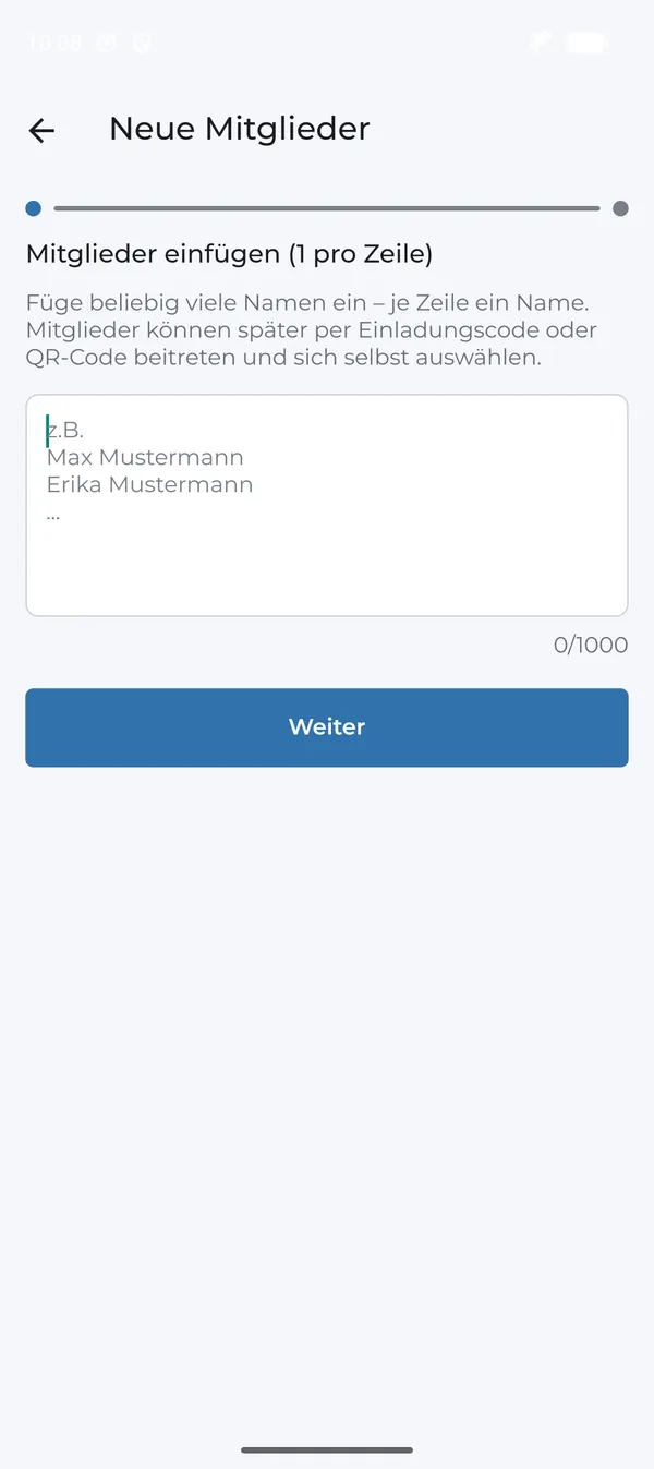Neue Mitglieder mit einem Namen pro Zeile einfügen