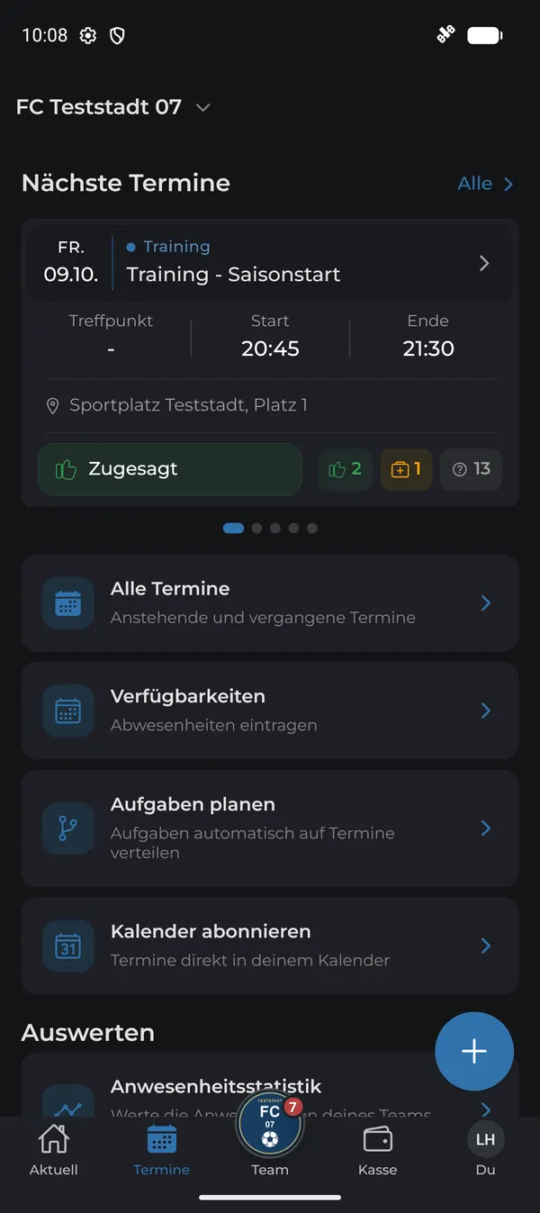 Termine-Tab mit nächsten Terminen, Verfügbarkeiten und Auswertungen