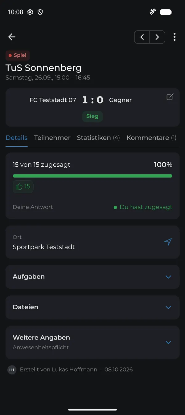 Termin mit Ergebnis 1:0 und „Sieg“