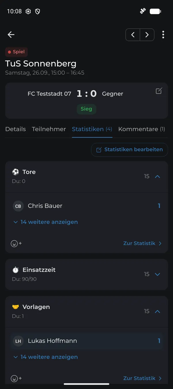 Statistiken am Spieltag mit Toren und Einsatzzeit