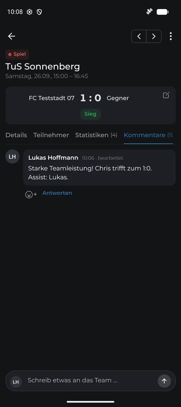 Kommentar mit Spielrückblick im Termin