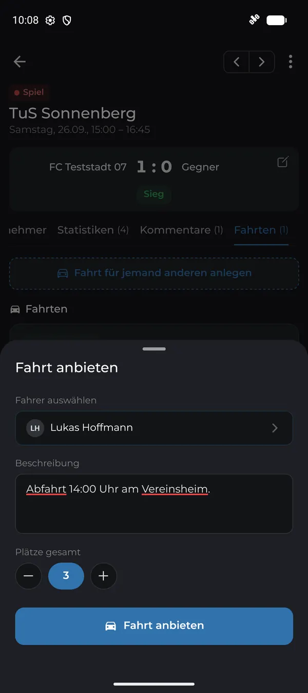Fahrt mit drei Plätzen und Abfahrtsort anbieten