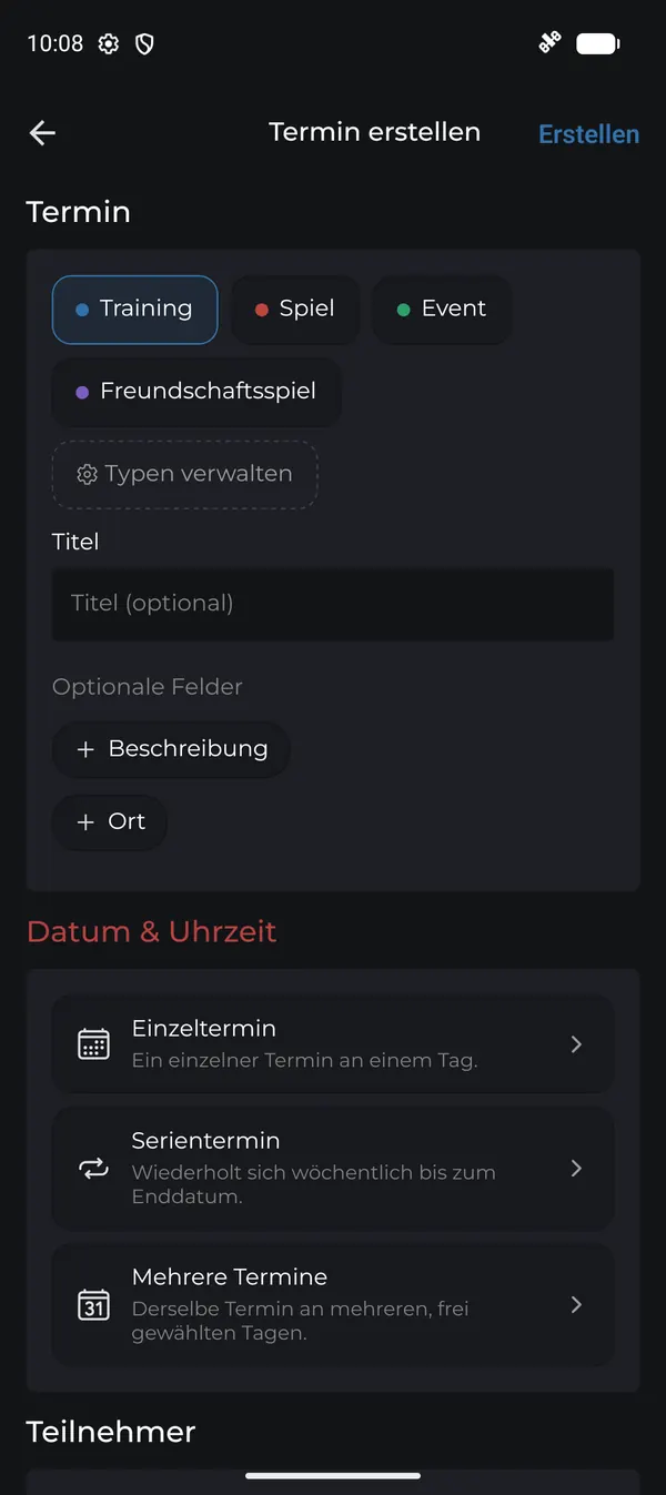 Termin erstellen: Termintyp, Titel und optionale Felder