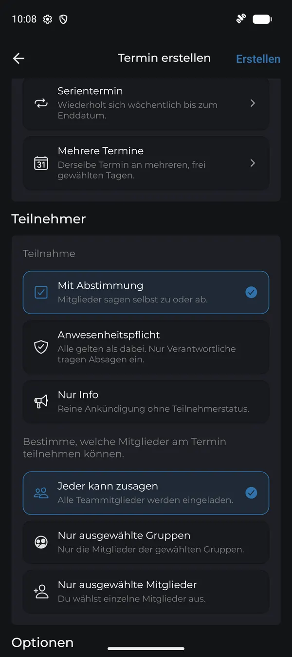 Datum & Uhrzeit sowie Teilnahme-Art auswählen