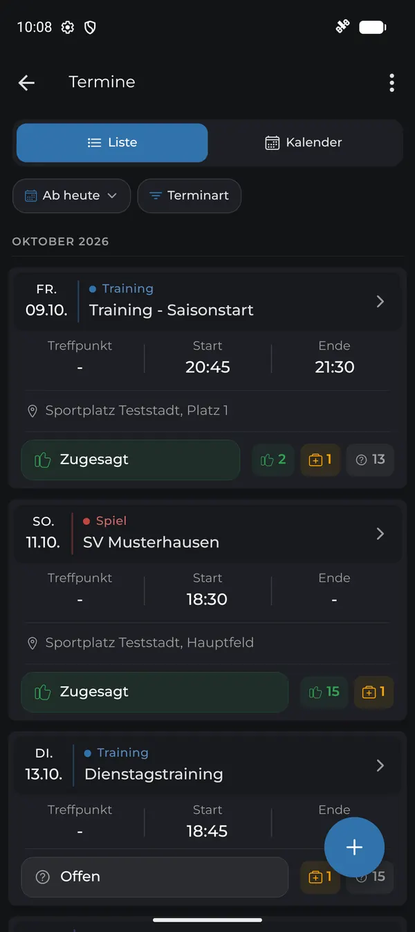 Kommende Termine in der Listenansicht
