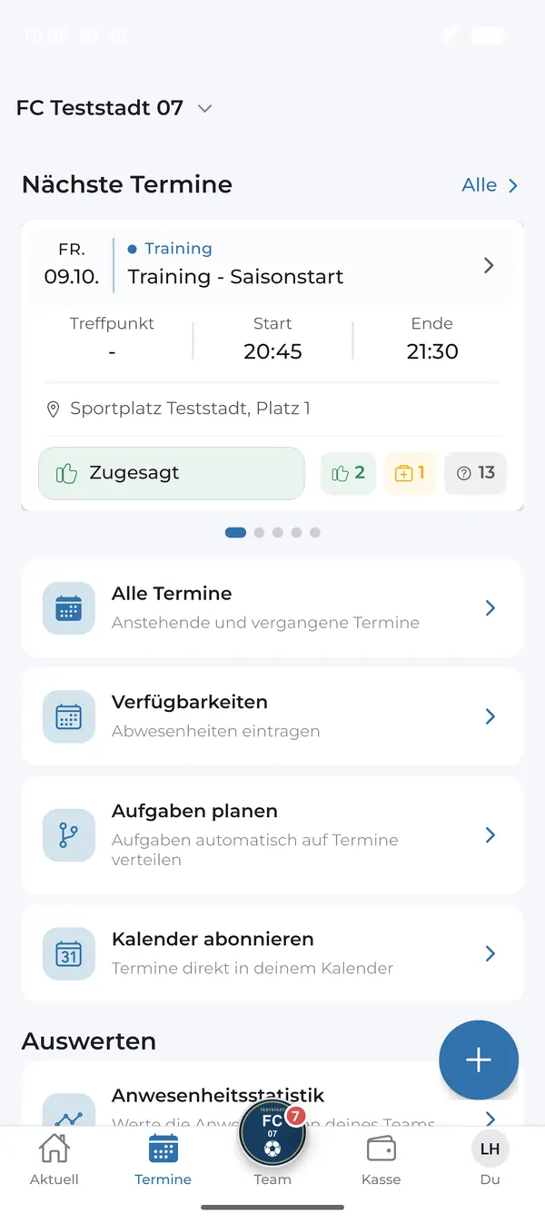 Termine-Tab mit nächsten Terminen, Verfügbarkeiten und Auswertungen