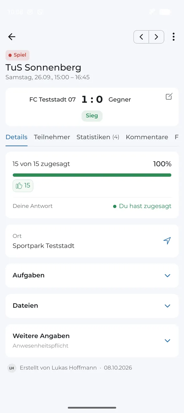Termin mit Ergebnis 1:0 und „Sieg“