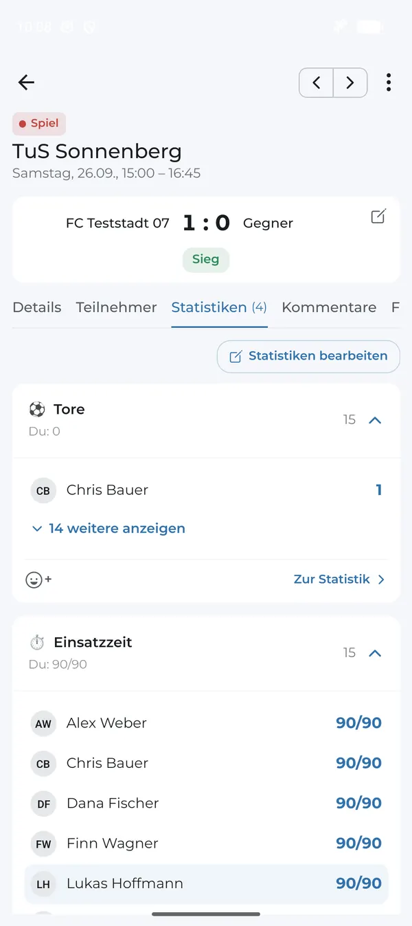 Statistiken am Spieltag mit Toren und Einsatzzeit