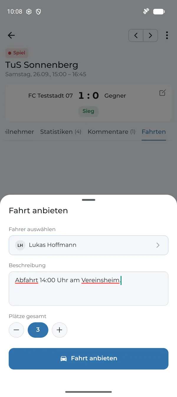 Fahrt mit drei Plätzen und Abfahrtsort anbieten