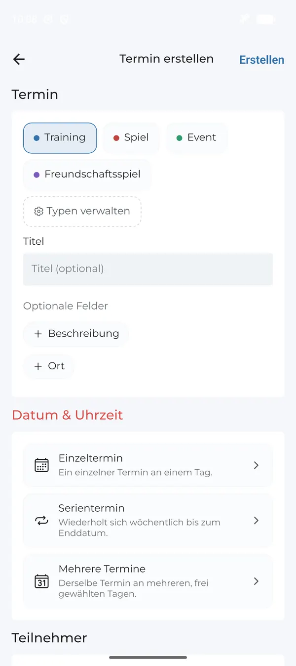 Termin erstellen: Termintyp, Titel und optionale Felder