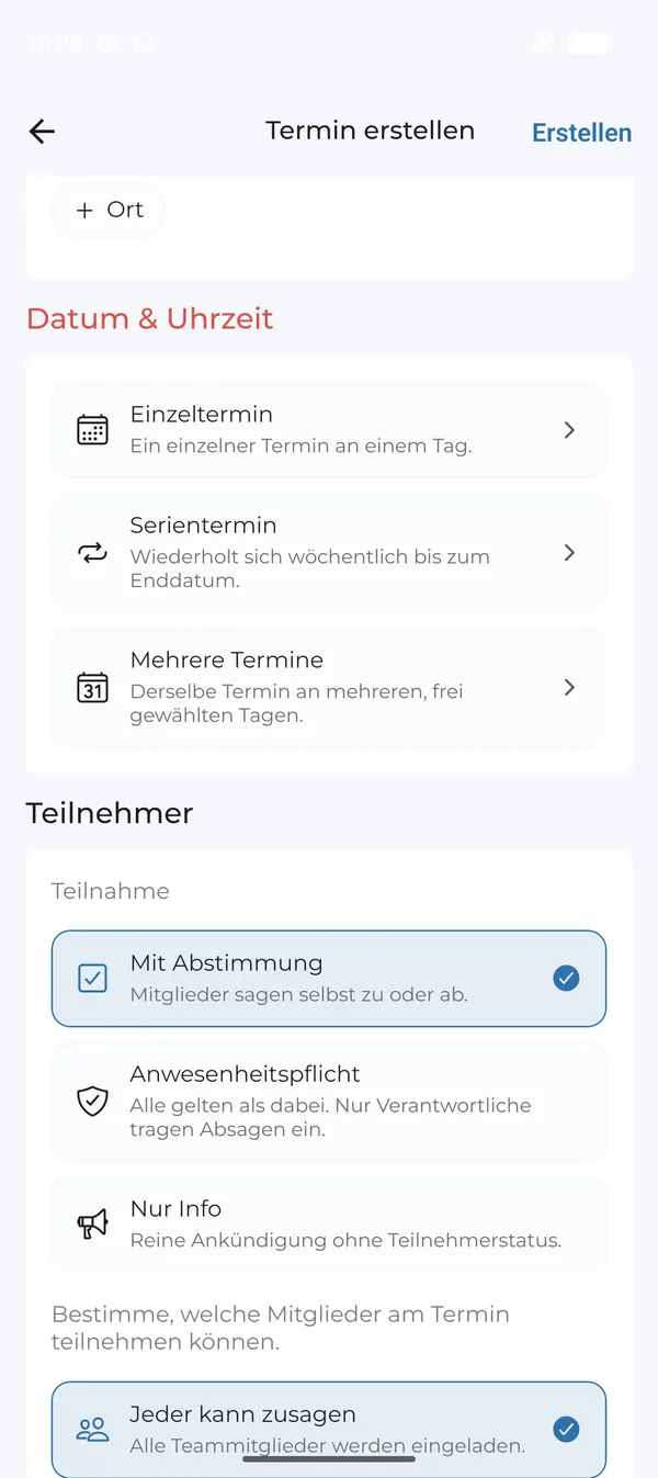 Datum & Uhrzeit sowie Teilnahme-Art auswählen