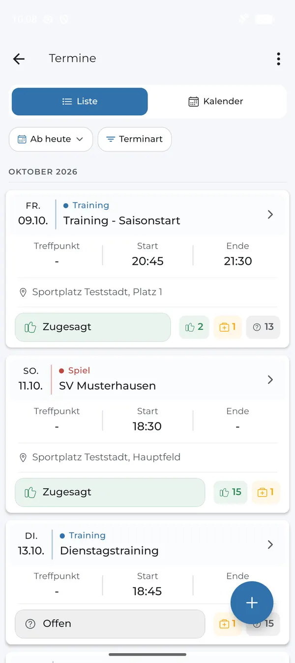Kommende Termine in der Listenansicht
