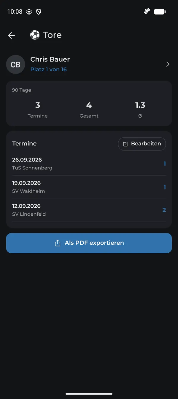 Spielerdetail für Tore mit Terminen und PDF-Export