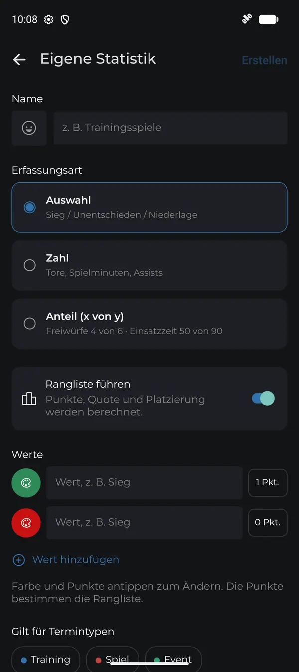 Eigene Statistik mit Erfassungsart Auswahl