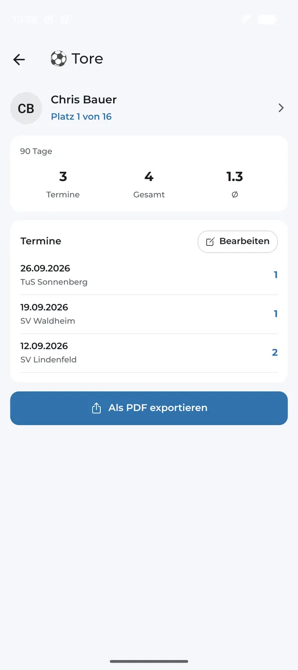 Spielerdetail für Tore mit Terminen und PDF-Export