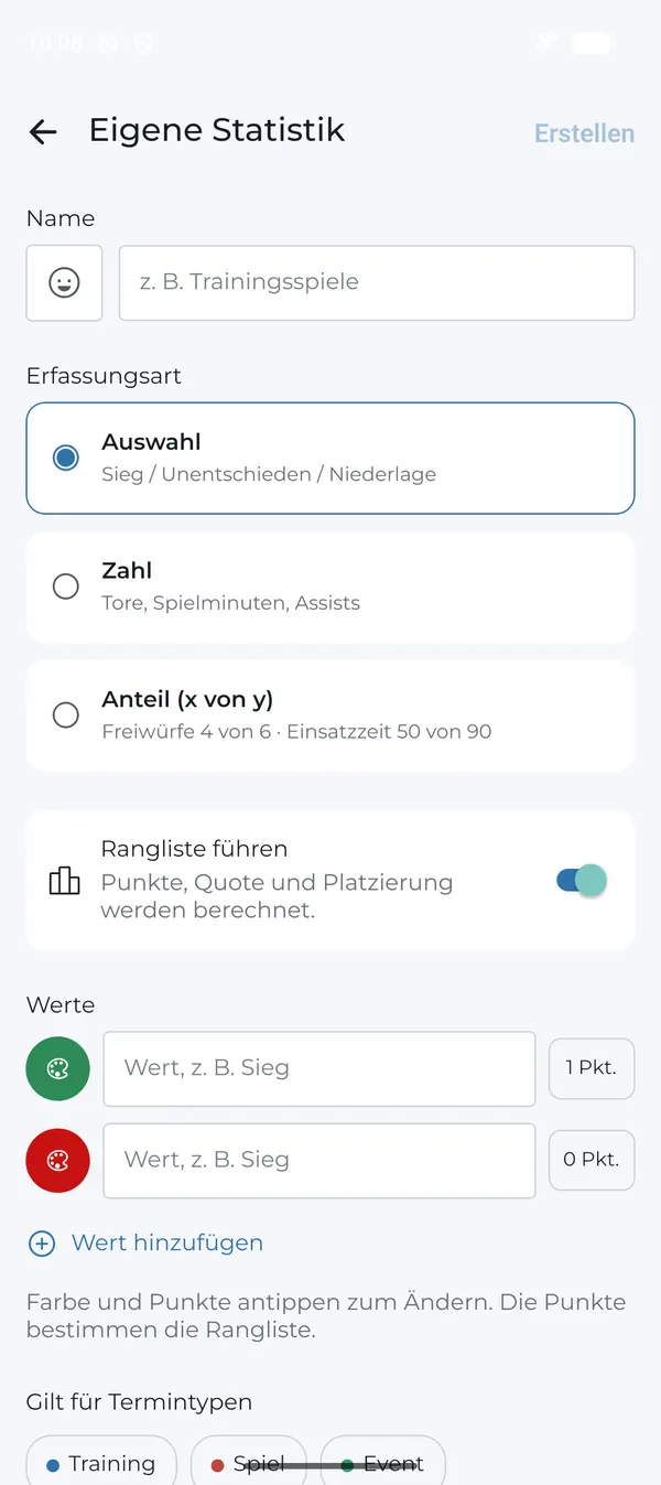 Eigene Statistik mit Erfassungsart Auswahl