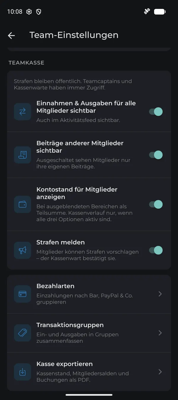 Einstellungen der Teamkasse