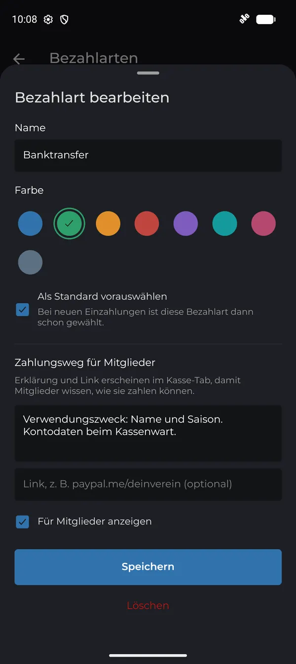 Bezahlart mit Farbe, Standard, Zahlungsweg und Link