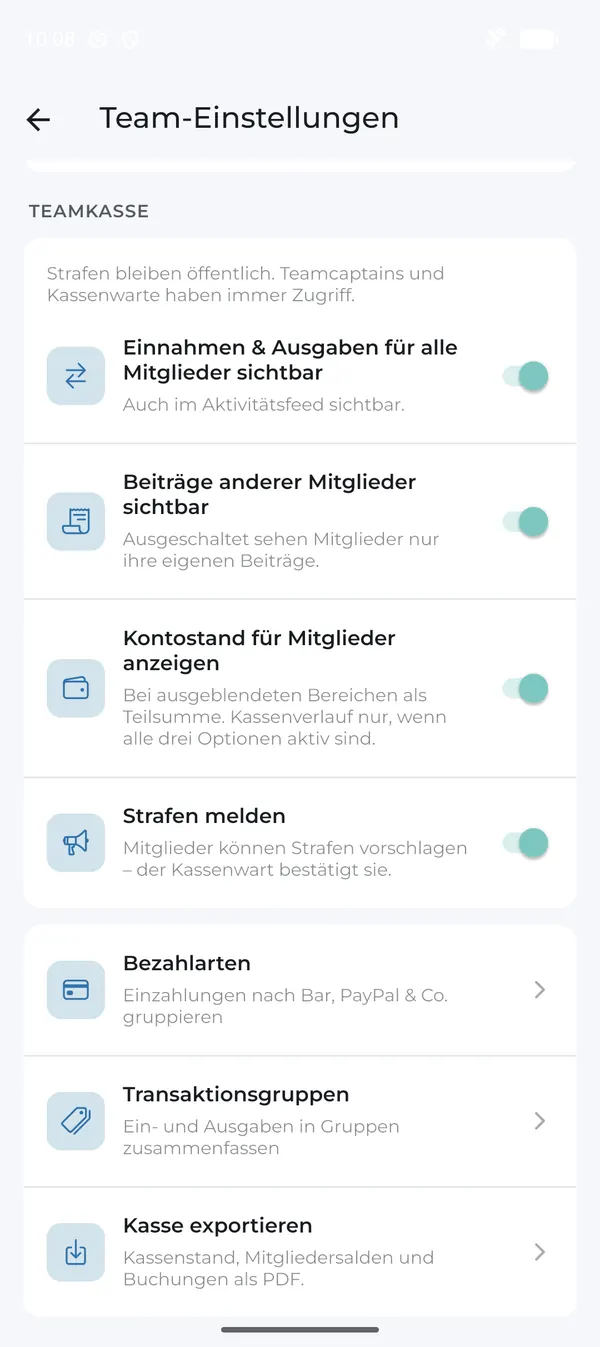 Einstellungen der Teamkasse