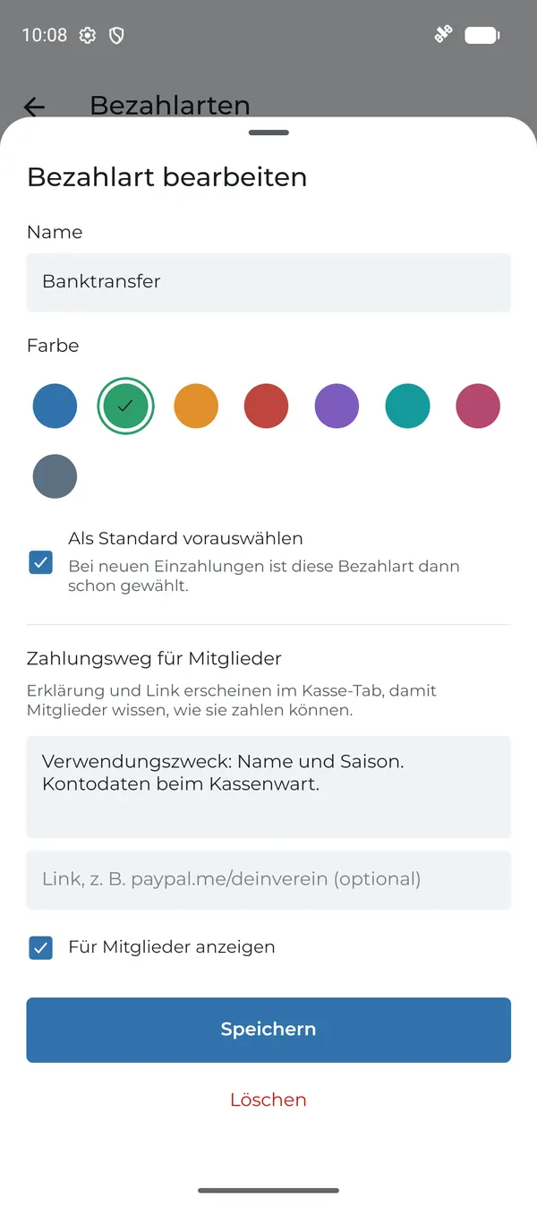 Bezahlart mit Farbe, Standard, Zahlungsweg und Link