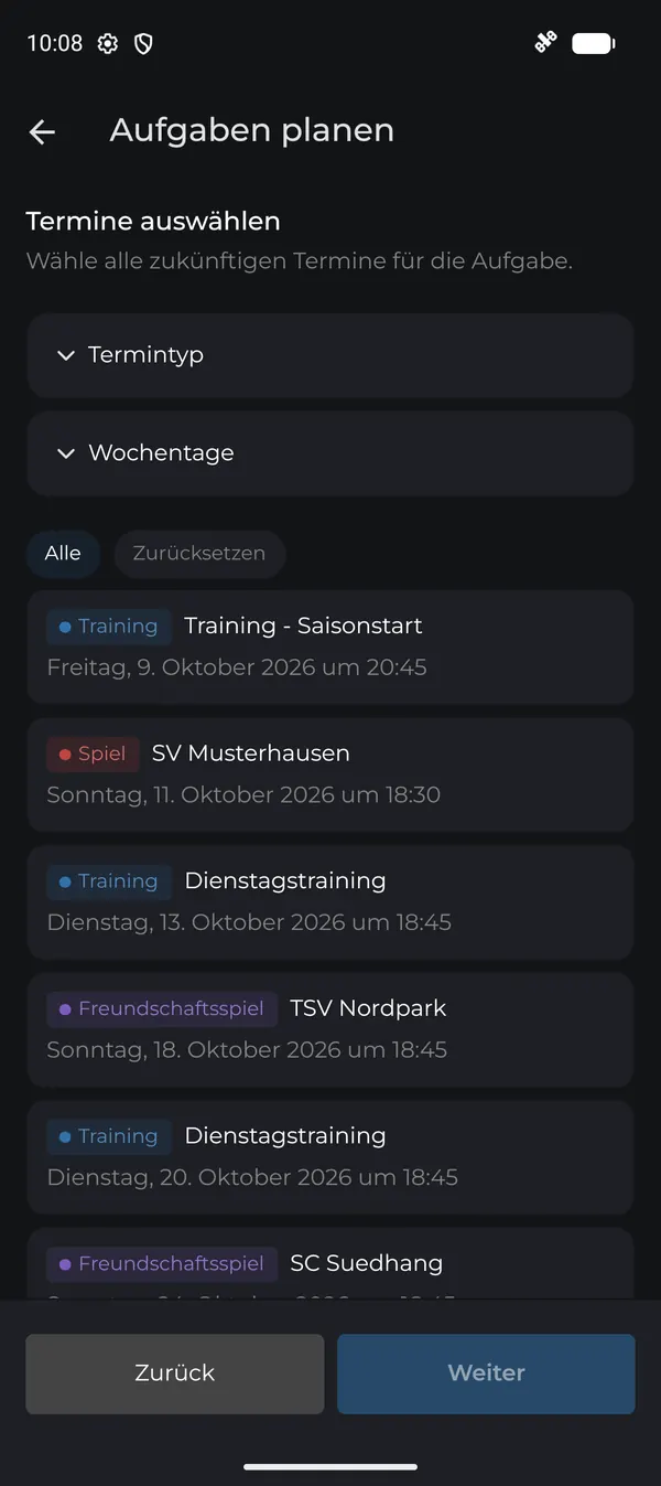 Künftige Termine für die Aufgabe auswählen