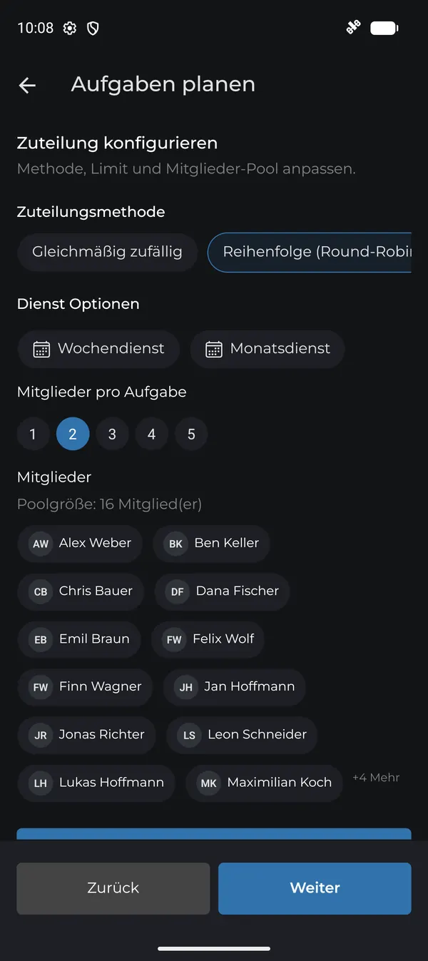 Zuteilung: Methode, Dienst-Optionen, Anzahl und Mitglieder-Pool