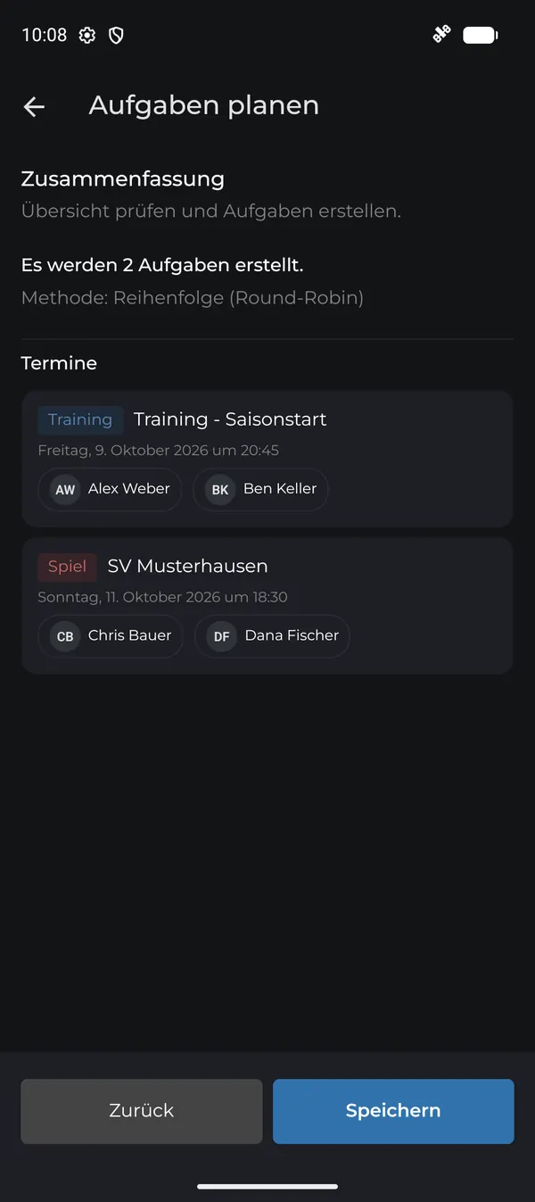 Vorschau der verteilten Aufgaben je Termin