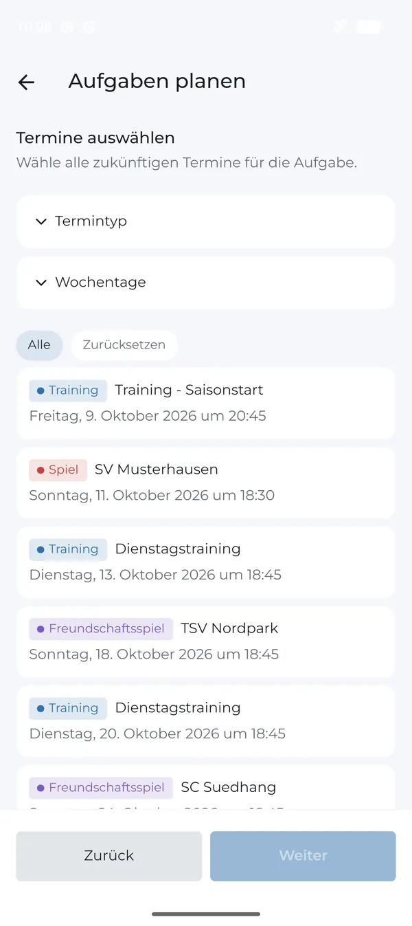 Künftige Termine für die Aufgabe auswählen