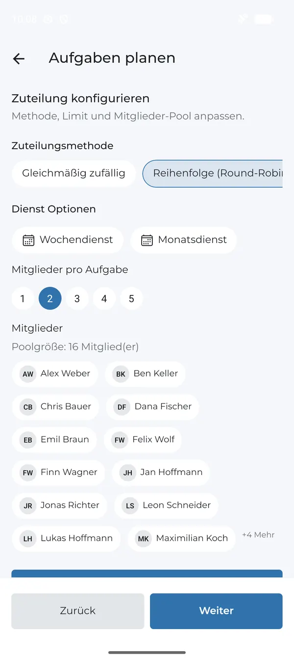 Zuteilung: Methode, Dienst-Optionen, Anzahl und Mitglieder-Pool