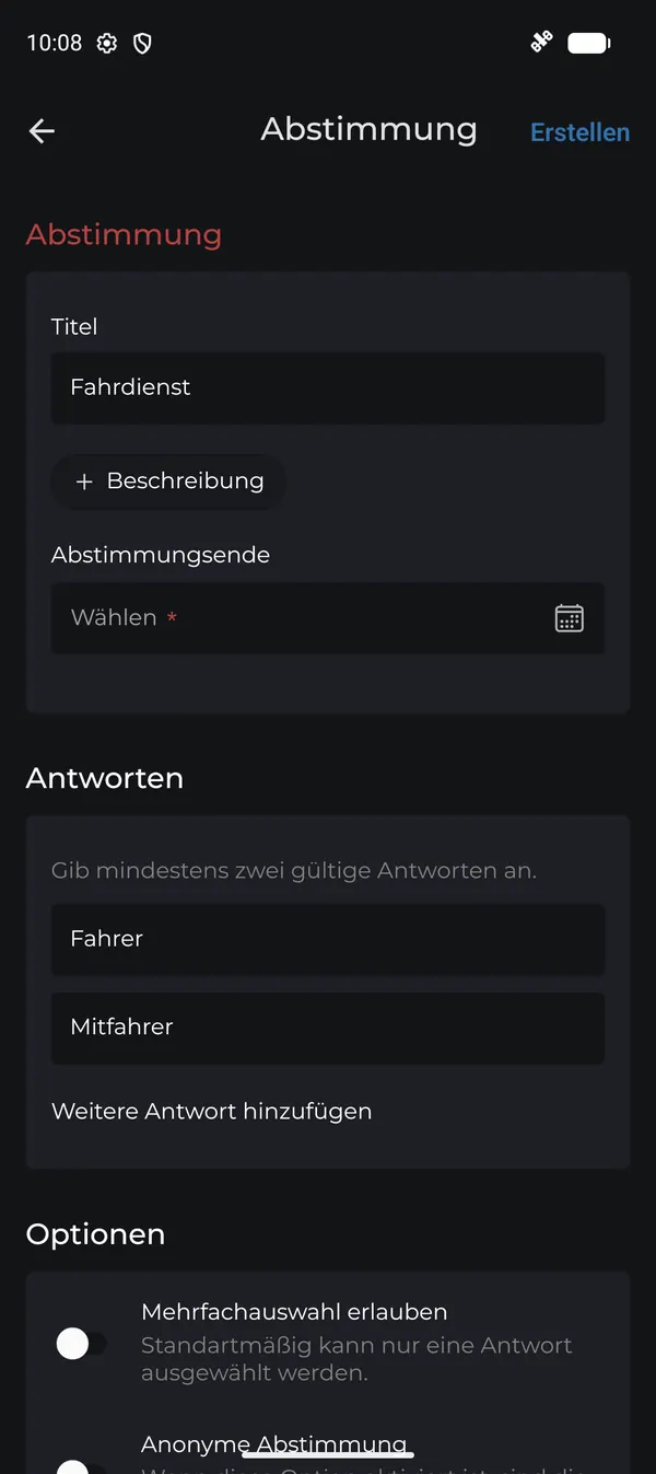 Abstimmung mit Titel, Abstimmungsende, Antworten und Optionen