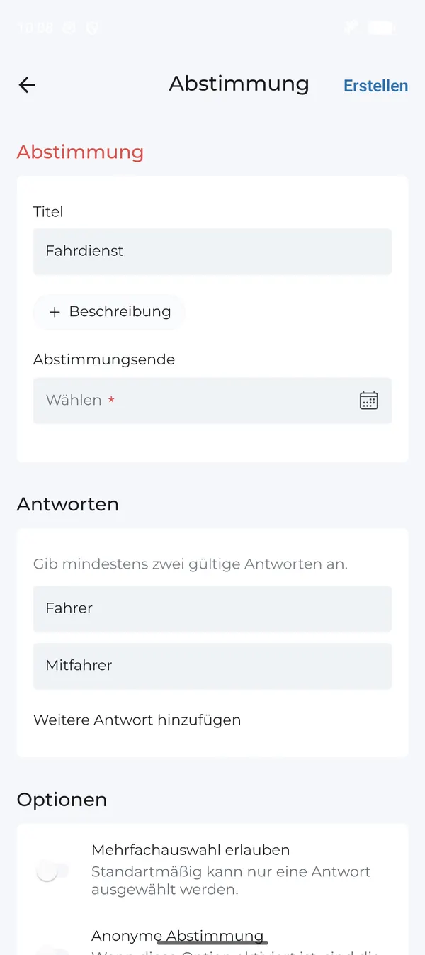 Abstimmung mit Titel, Abstimmungsende, Antworten und Optionen