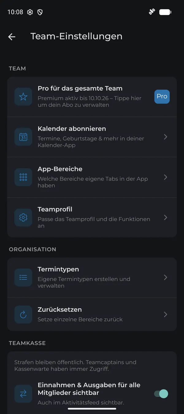Team-Einstellungen mit den Bereichen Team, Organisation und Teamkasse