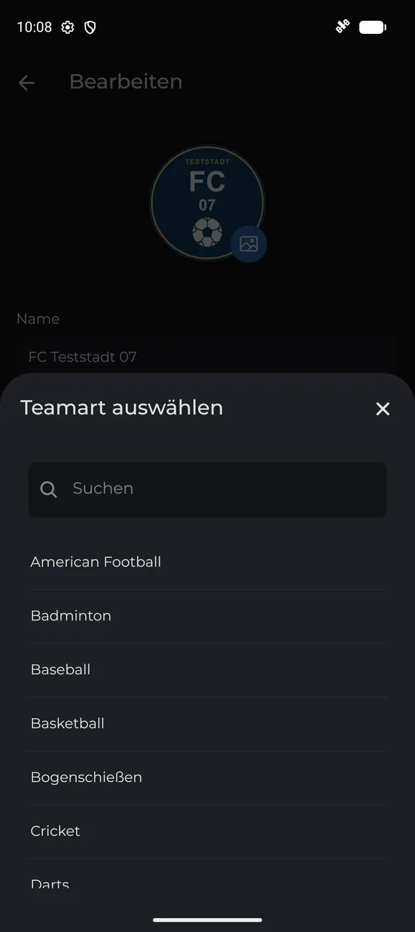 Teamart-Auswahl mit Suchfeld