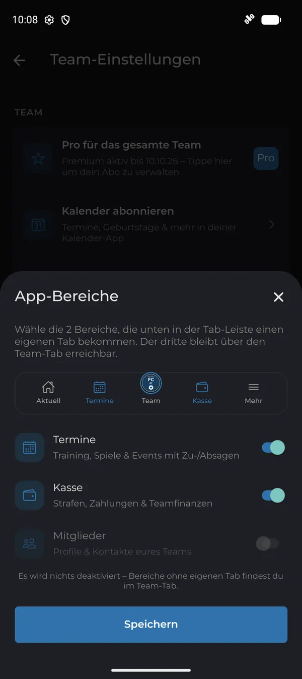 App-Bereiche mit Vorschau der Tab-Leiste