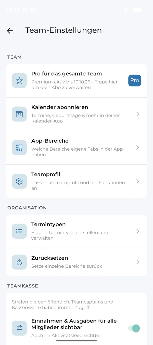 Team-Einstellungen mit den Bereichen Team, Organisation und Teamkasse