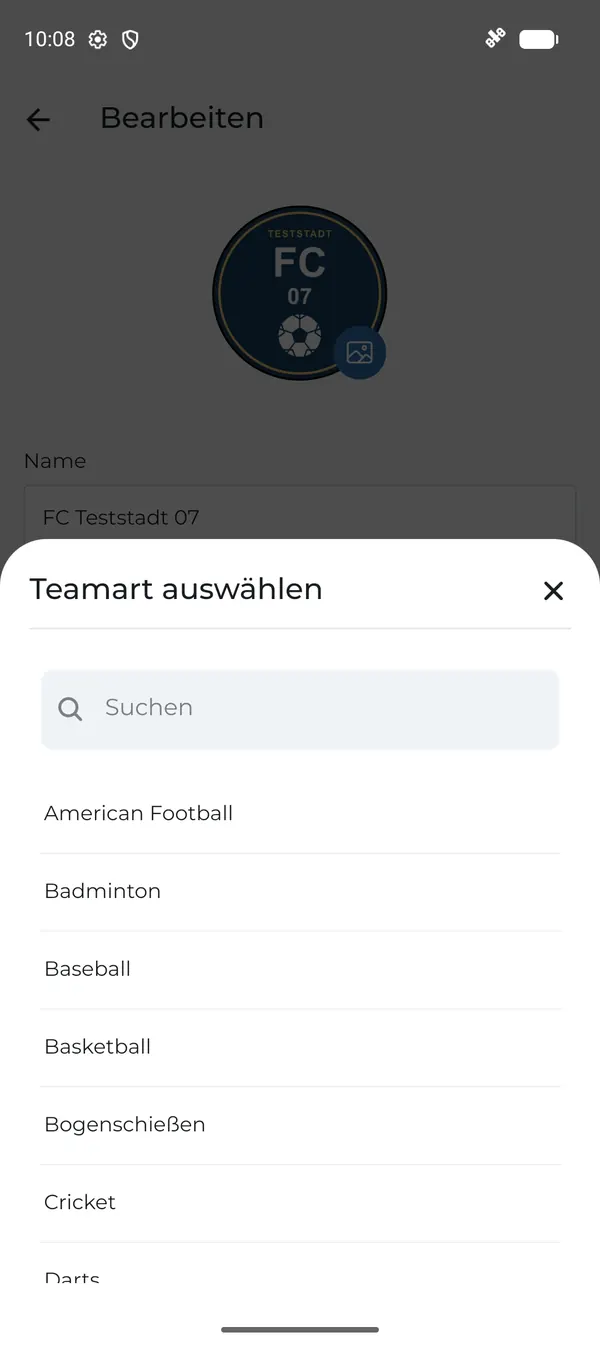 Teamart-Auswahl mit Suchfeld