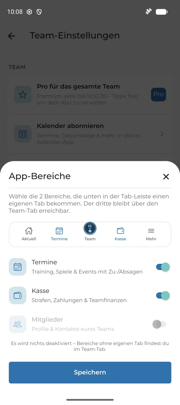 App-Bereiche mit Vorschau der Tab-Leiste