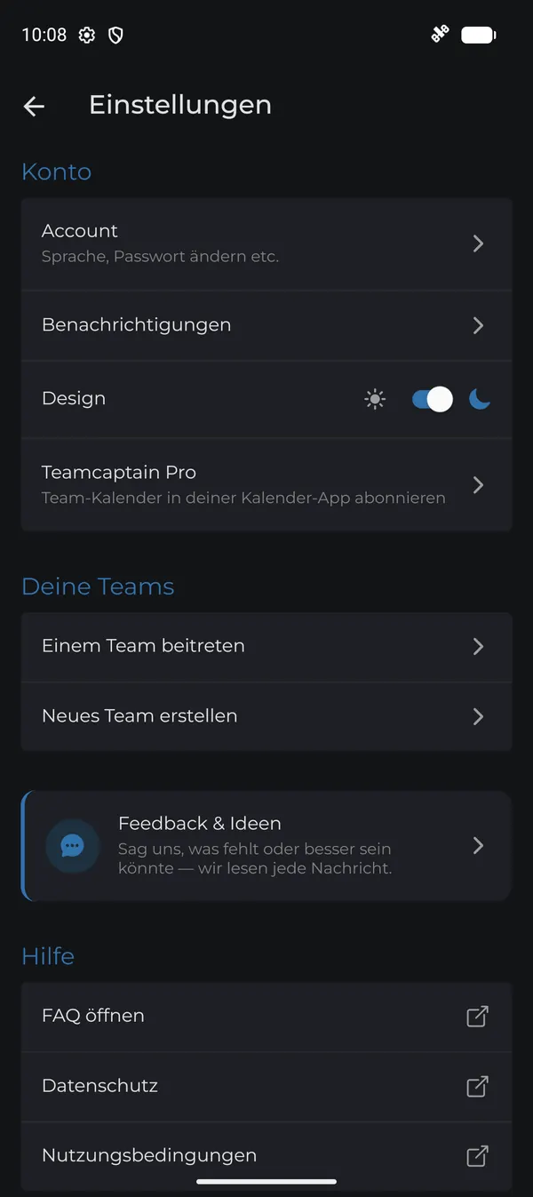 Einstellungen mit „Einem Team beitreten“ und „Neues Team erstellen“