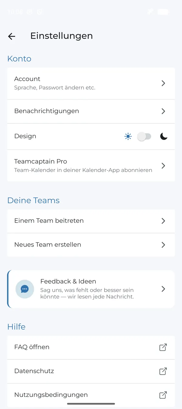 Einstellungen mit „Einem Team beitreten“ und „Neues Team erstellen“