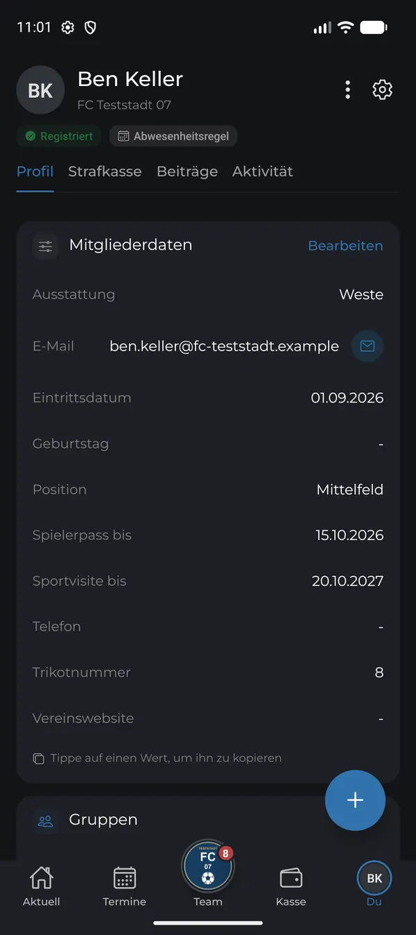 Profil nach dem Speichern mit neuem Datum