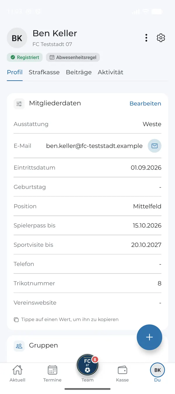 Profil nach dem Speichern mit neuem Datum