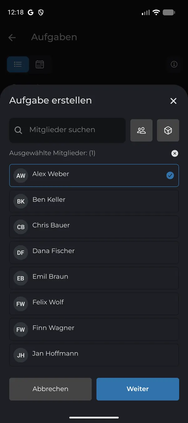 Mitglieder für die Aufgabe auswählen