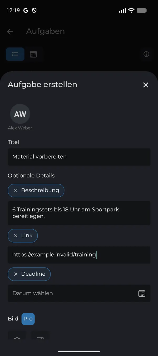 Titel, Beschreibung, Link und Deadline eingeben