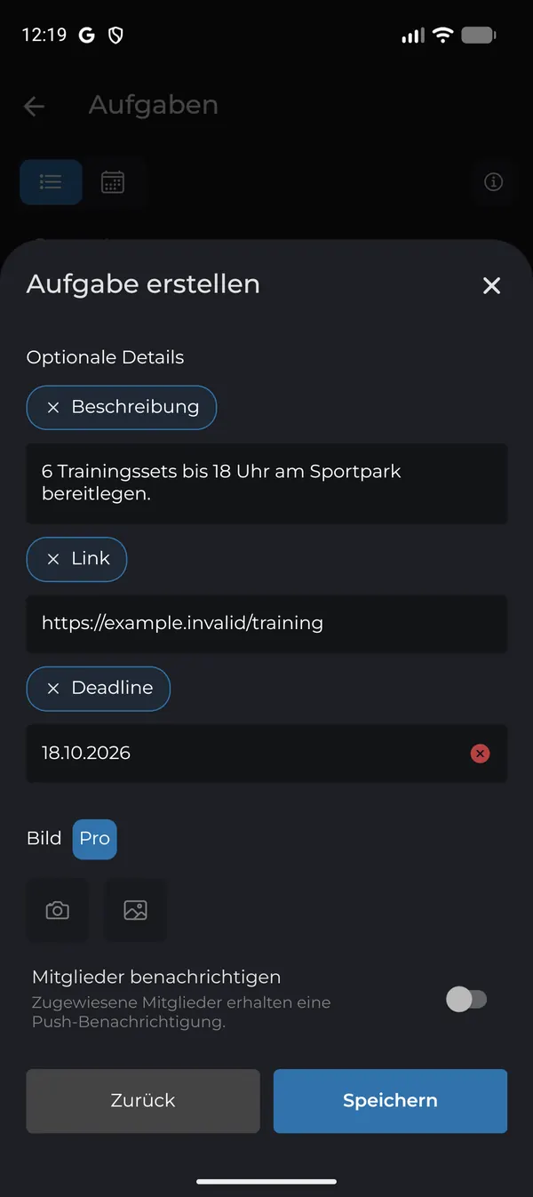 Deadline und Benachrichtigung vor dem Speichern